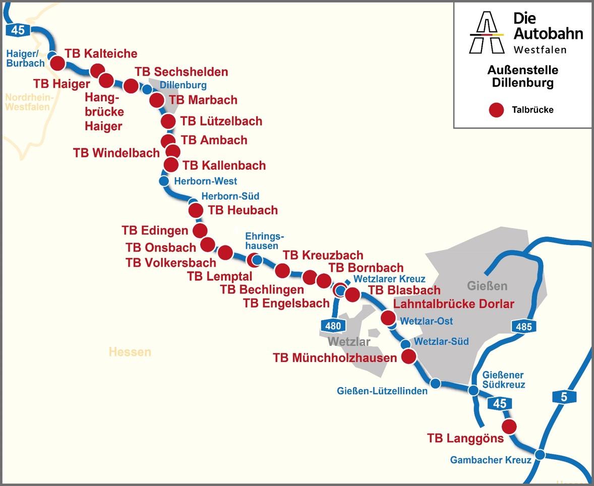 Das Bild zeigt eine Karte der A45, auf der von der Außenstelle Dillenburg planerisch und baulich verantworteten Brücken eingetragen sind.