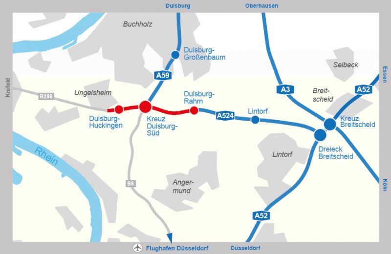 Die Ausbaustrecke der A524 im Duisburger Süden