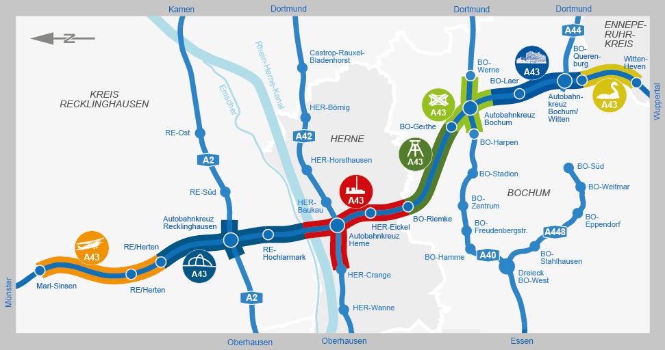 Eine Übersicht über die sieben Ausbau-Abschnitte des Projekts "Neue A43".