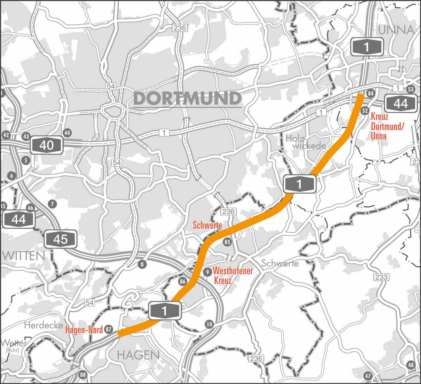 Verlauf des letzten Teilstücks der "Ruhrtangente"/A1 zwischen Hagen und Unna