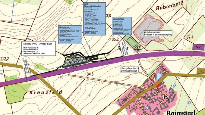 Das Bild zeigt eine Kartenansicht für den Neubau der PWC-Anlage Suer auf der A2.