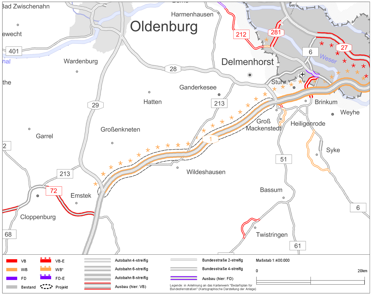 Karte des Ausbauabschnitts der A 1 von Ahlhorner Heide bis Stuhr.