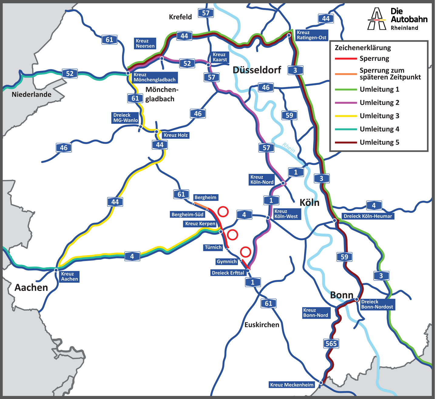 Umfahrungsempfehlungen für die Zeit der Sperrungen auf der A61 in Fahrtrichtung Venlo