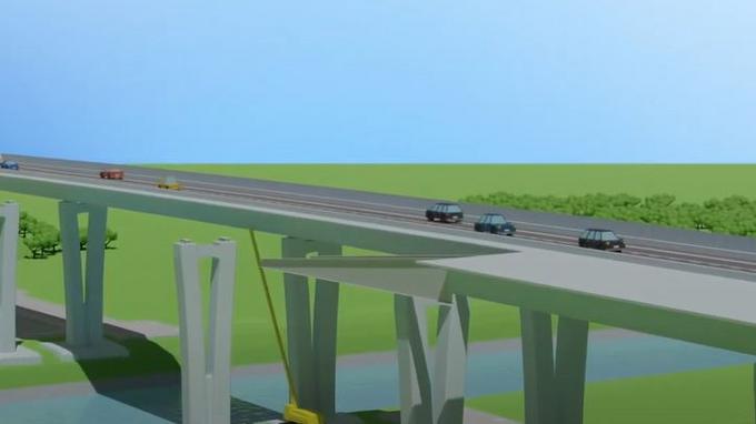 Das Bild zeigt eine Animation eines Brückenneubaus. Auf der Brücke fahren Autos und im Hintergrund sind eine grüne Landschaft und der Himmel zu sehen.