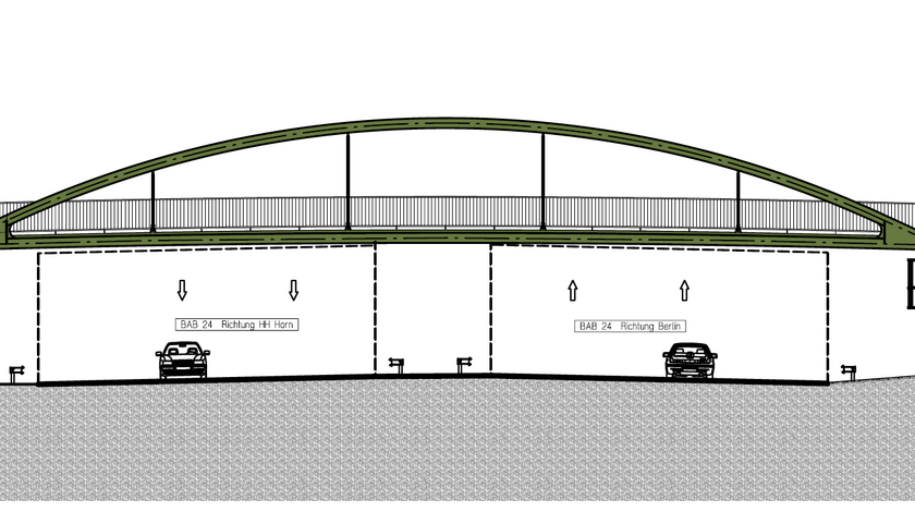 stilisierte, schematische Darstellung des Neubaus der Ernst-Albers-Brücke in Hamburg als Seitenansicht der Brücke