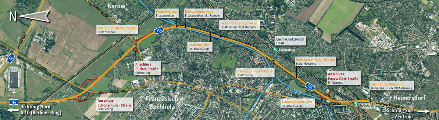 Karte mit Streckenverlauf der A114 und der zu erneuernden Brücken bzw. Lärmschutzwänden im Bundesland Brandenburg bis Berlin - Baustelle A114