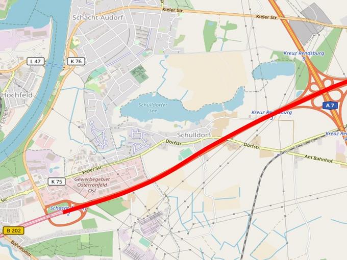 Das Bild zeigt eine Kartenansicht der A210 Rendsburg. Grundhafte Erneuerung beider Richtungsfahrbahnen auf ca. 3,5 km sowie Instandsetzung einer Brücke bis 2023.