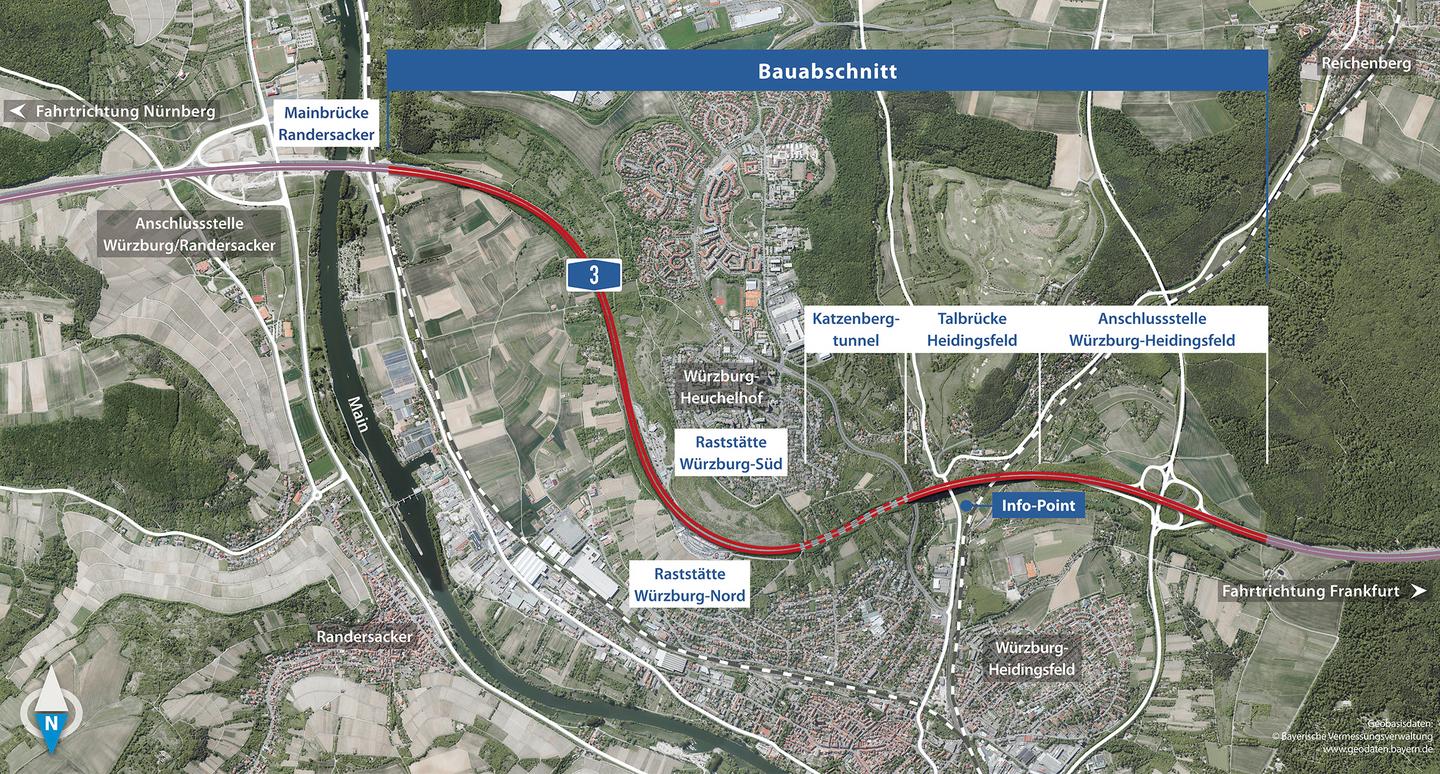 Übersichtskarte sechsstreifiger Ausbau der A3 Würzburg-Heidingsfeld bis Mainbrücke Randersacker