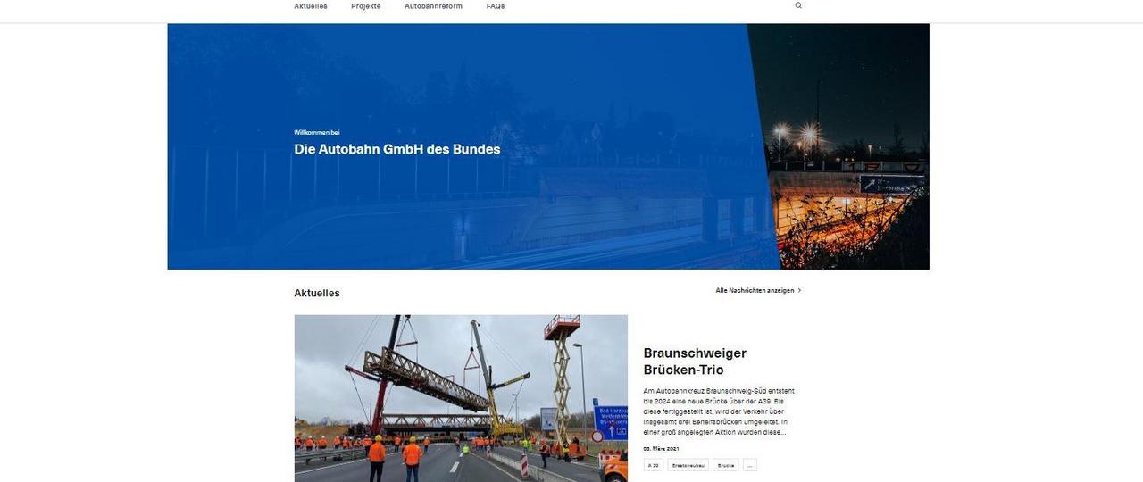 Das Bild zeigt einen Screenshot der neuen Website der Autobahn GmbH des Bundes