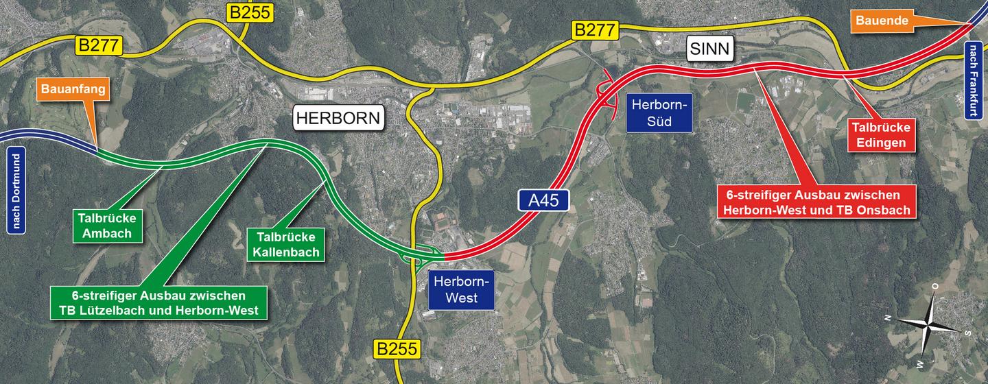Der sechsspurige Ausbau (roter Abschnitt) startet hinter der Anschlussstelle Herborn-West und geht bis zur Talbrücke Onsbach (bereits im Bau).