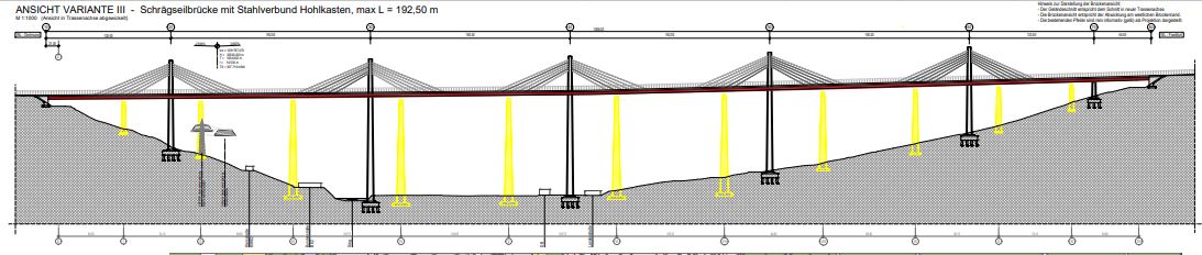 Technische Zeichnung der Seitenansicht der Siegtalbrücke