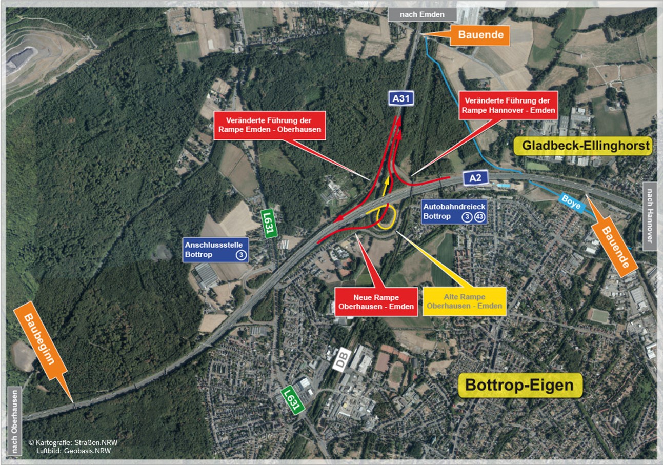 Überblick über die neue Verkehrsführung im Autobahndreieck Bottrop