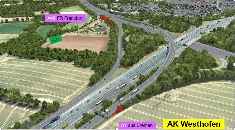 Die Animation zeigt das Autobahnkreuz Westhofen mit der geplanten direkten Zufahrt von der A1 aus Richtung Bremen auf die A45 Richtung Frankfurt. 