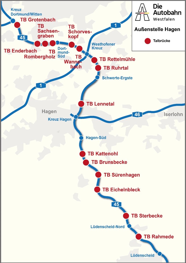 Die Karte zeigt einen Ausschnitt der A45 mit den Brücken, die von der Außenstelle Hagen planerisch und baulich betreut werden.