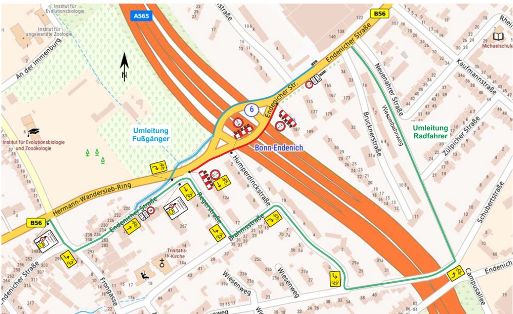 Bildunterschrift (Bildnachweis Autobahn GmbH, Abdruck honorarfrei): Die grafische Darstellung für die ab 13. November geltenden Umleitungen für Fußgänger*innen (blau) und Radfahrende (grün).