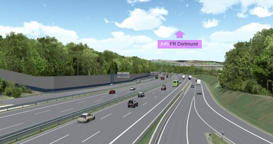 Die Animation zeigt die A45 im Bereich des Kreuzes Hagen nach dem Ausbau. 