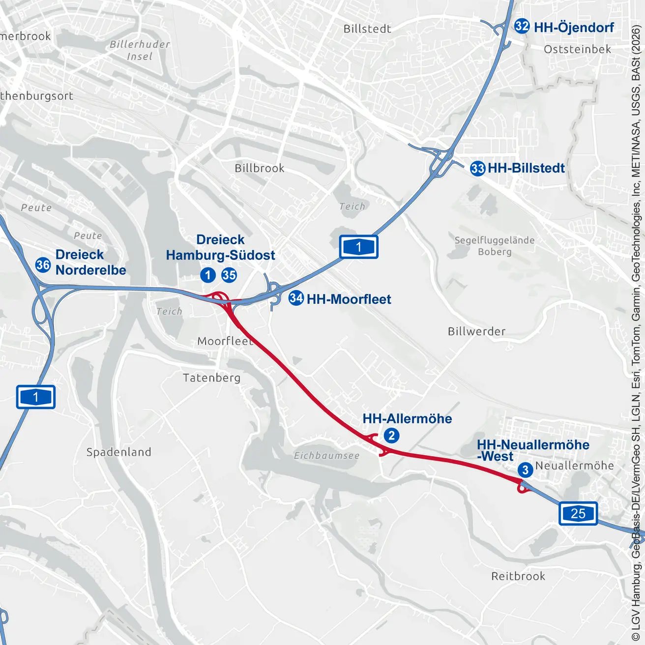 A25 Deckschichtsanierung AD HH-Südost AS Neuallermöhe-West Karte
