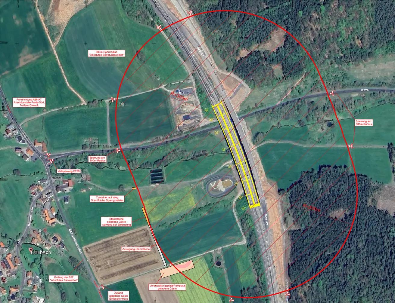 Lageplan der A7-Talbrücke Thalaubach. Im Sicherheitsradius von 300m rund um die Brücke ist der Aufenthalt von Personen verboten.