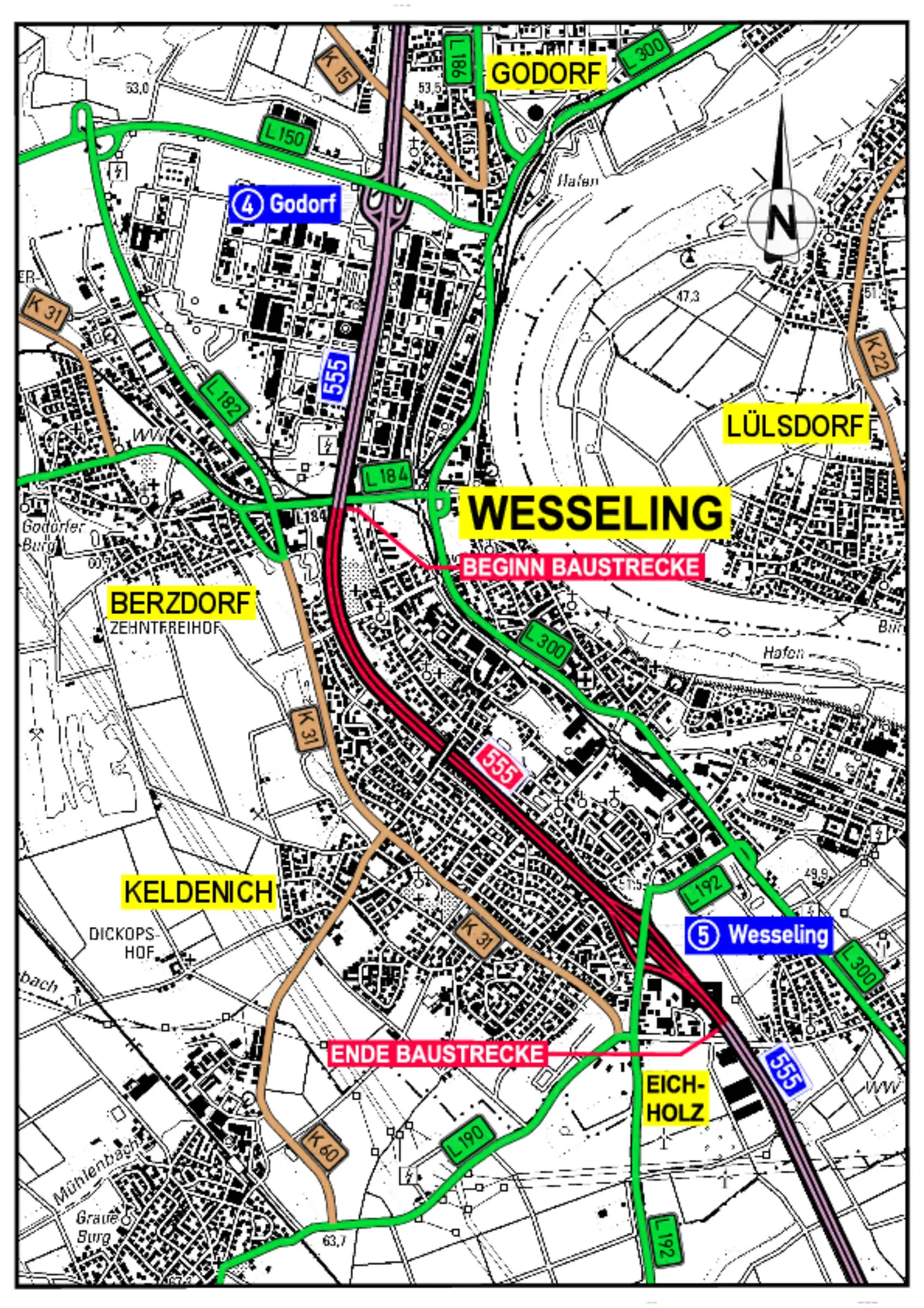 Übersicht Baustrecke Lärmsanierung A555 zwischen L184 und AS Wesseling