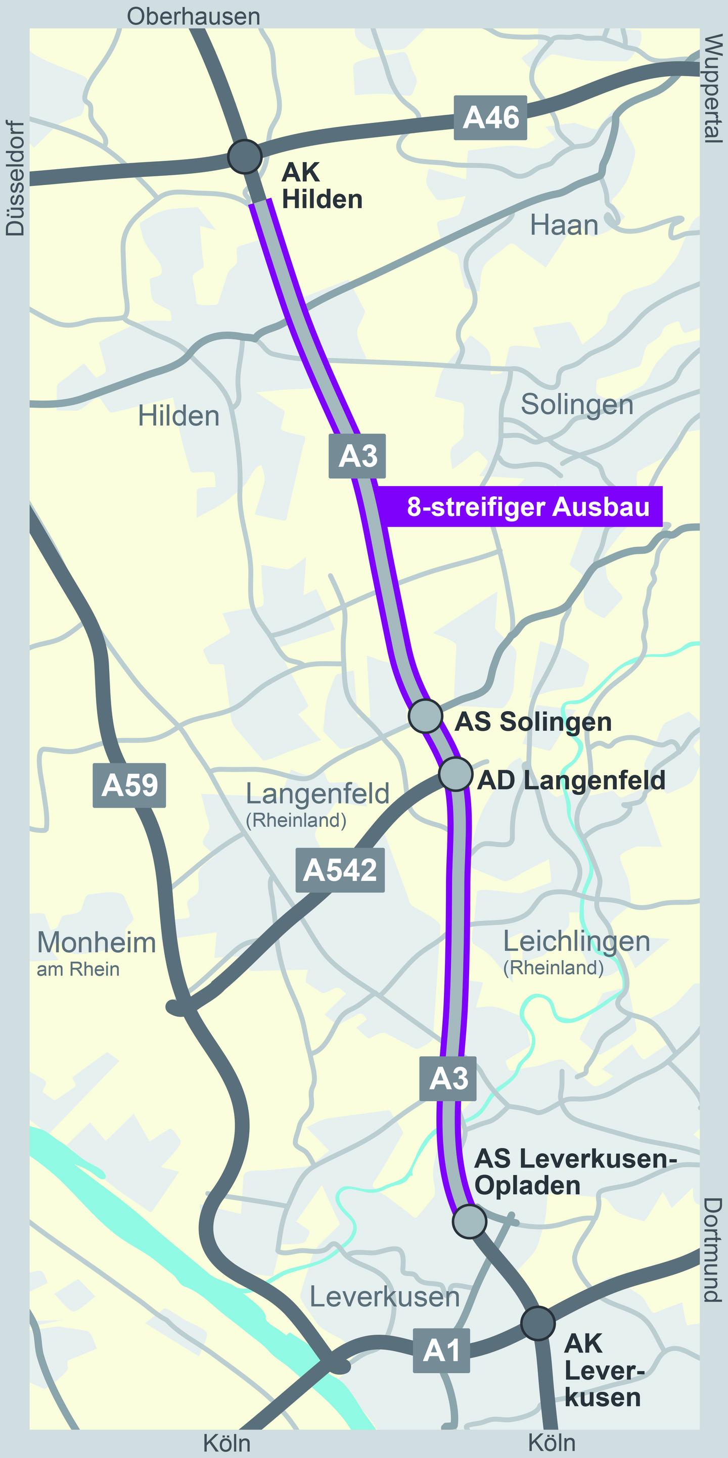 Das Bild zeigt eine Kartenansicht für den Ausbau der A3 zwischen Hilden und Leverkusen-Opladen.